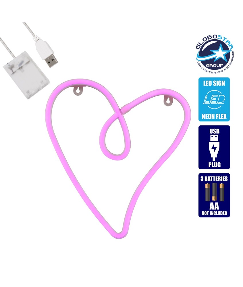 GloboStar® 78594 Φωτιστικό Ταμπέλα Φωτεινή Επιγραφή NEON LED Σήμανσης CALLIGRAPHIC HEART LINE 5W με Καλώδιο Τροφοδοσίας USB - Μπαταρίας 3xAAA (Δεν Περιλαμβάνονται) - Ροζ